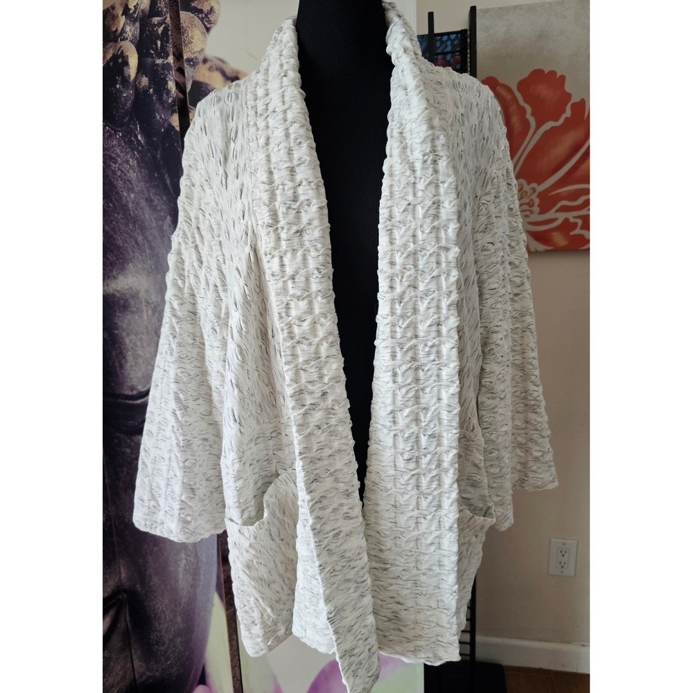 Ali Miles Womens 2X White Gray Textured Open Front Cardigan Jacket Cotton